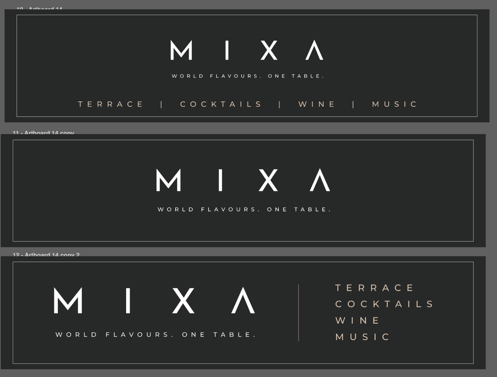 MIXA brand board — Terrace, Cocktails, Wine, Music