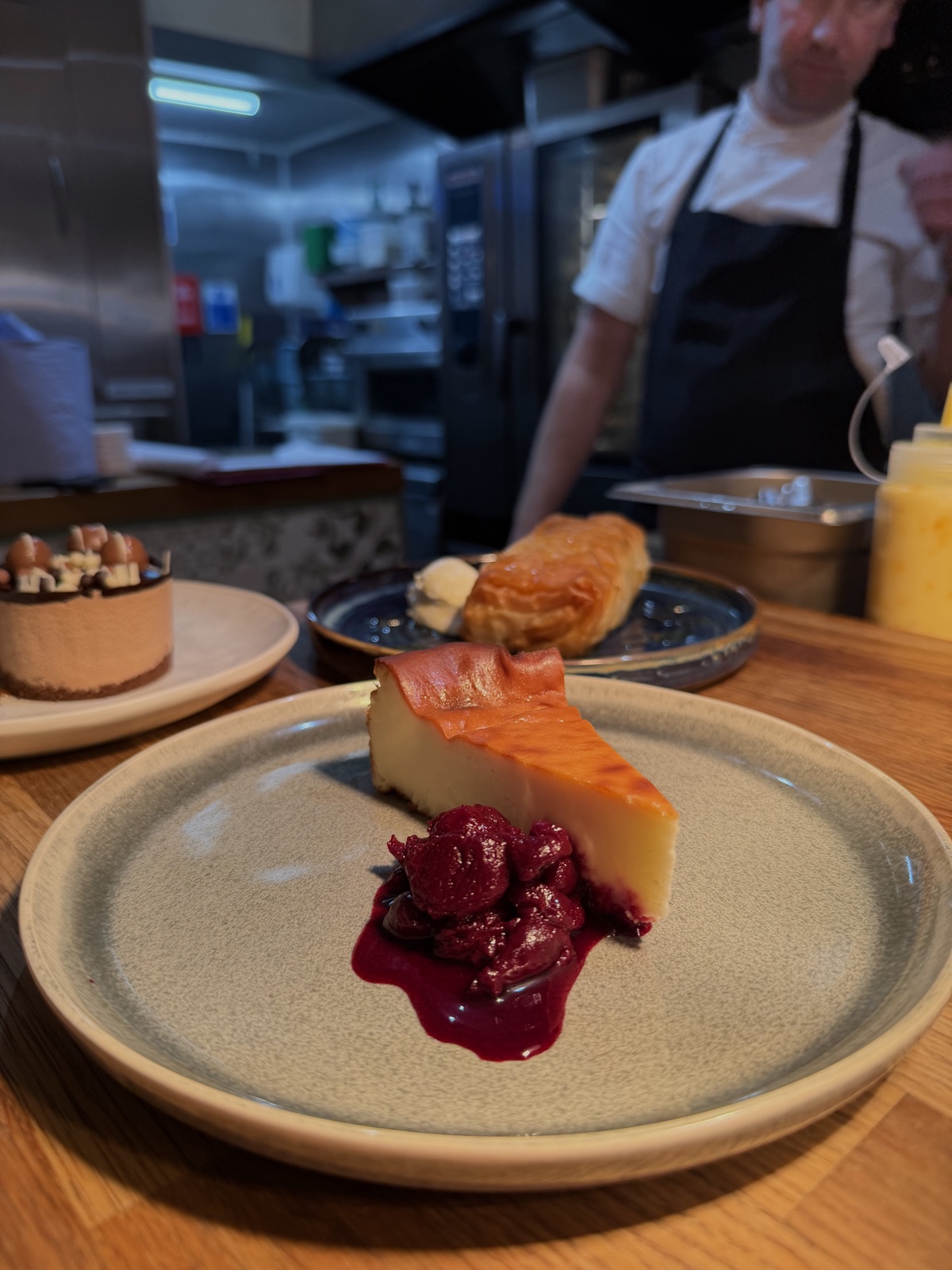 Cheesecake, chocolate mousse and galaktoboureko at the pass
